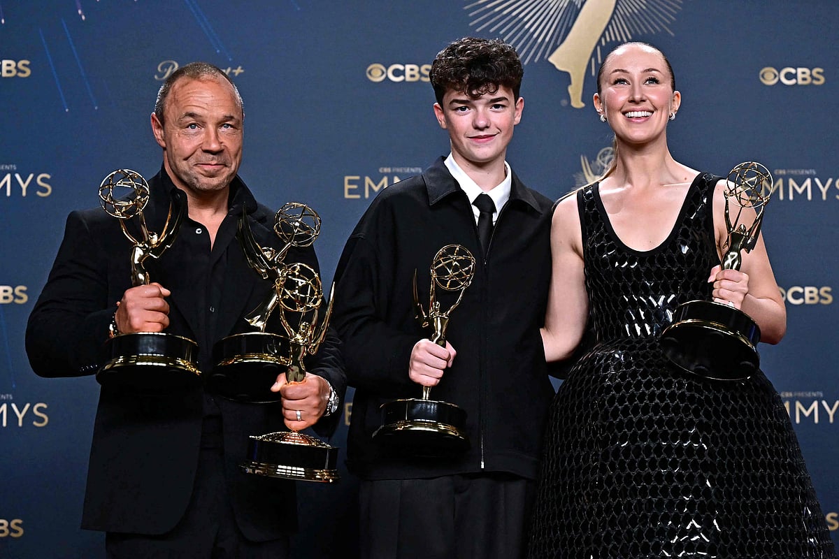 (L-R) British actor Stephen Graha poses in the press room with the awards for Outstanding Limited or Anthology Series, Outstanding Lead Actor in a Limited or Anthology Series or Movie, Outstanding Writing for a Limited Series or Anthology Series or Movie for 'Adolescence', British actor Owen Cooper poses in the press room with the award for Outstanding Supporting Actor in a Limited or Anthology Series or Movie for 'Adolescence' and British actress Erin Doherty poses in the press room with the award for Outstanding Supporting Actress in a Limited or Anthology Series or Movie award for 'Adolescence' during the 77th Primetime Emmy Awards at the Peacock Theatre at LA Live in Los Angeles on 14 September, 2025.