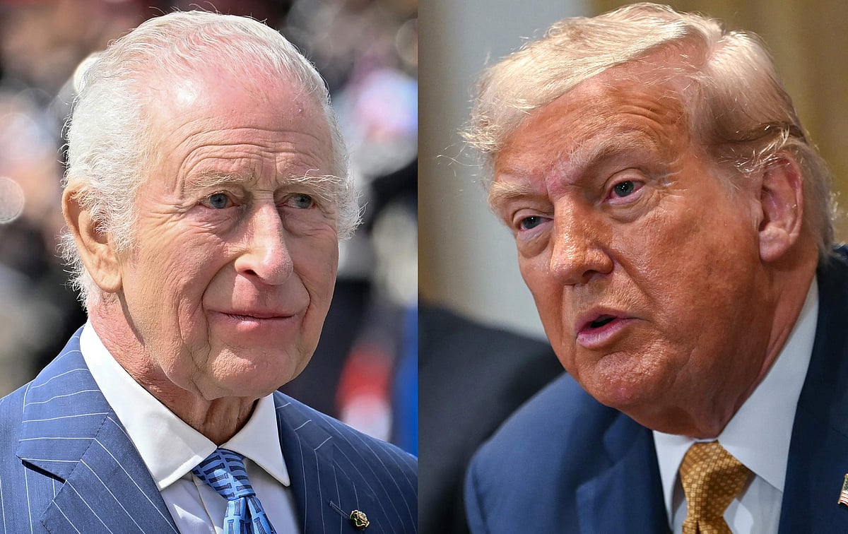 This combination of pictures created on 14 September, 2025, shows Britain's King Charles III (L) in Rome, on April 8, 2025, and US President Donald Trump in the Cabinet Room of the White House in Washington, DC, on 8 July, 2025