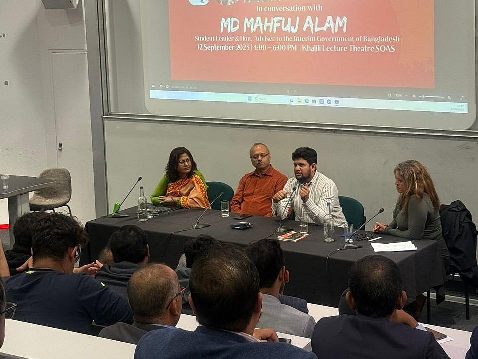 Mahfuj Alam, advisor to Bangladesh's interim government, speaks at SOAS in London on 12 September 2025