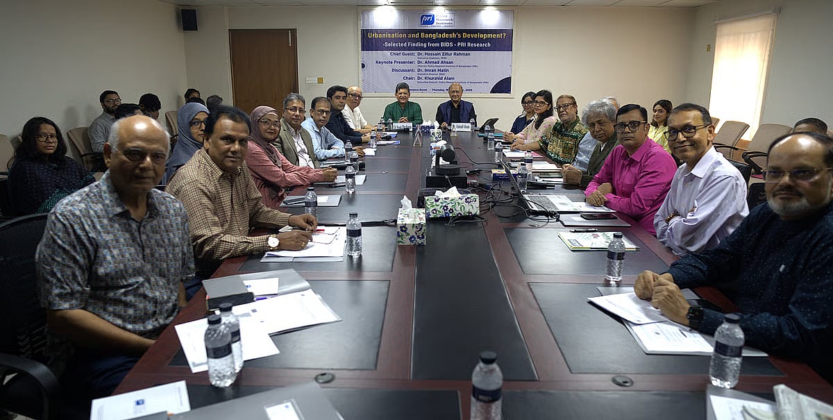 Discussants at a seminar titled, Urbanisation and Bangladesh’s Development, organised by the Policy Research Institute (PRI) at its Banani office in Dhaka on 18 September 2025