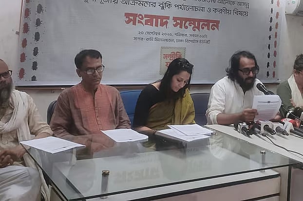 Social platform ‘Sampriti Jatra’ marked five districts as high-risk and 24 as moderate-risk of communal violence ahead of the upcoming Durga Puja at a press conference held at the Sagar-Runi Auditorium of the Dhaka Reporters' Unity (DRU) in Dhaka on Saturday