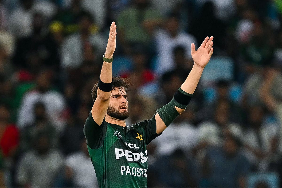 Pakistan's Shaheen Shah Afridi celebrates after dismissing Bangladesh's Shamim Hossain during the Asia Cup 2025 Super Four Twenty20 international cricket match between Bangladesh and Pakistan at the Dubai International Stadium in Dubai on September 25, 2025