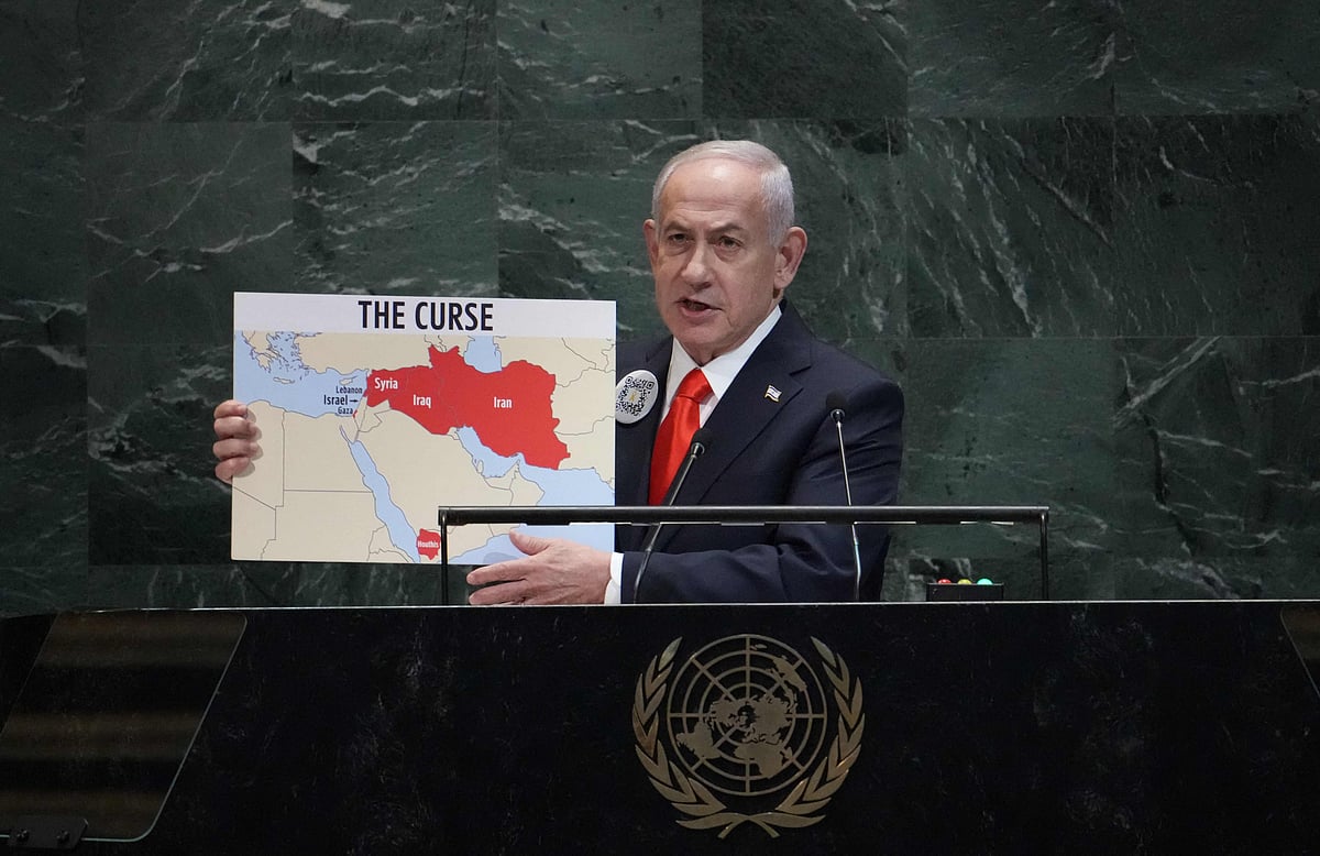 Israeli Prime Minister Benjamin Netanyahu addresses the United Nations General Assembly at UN headquarters in New York City on 26 September 2025