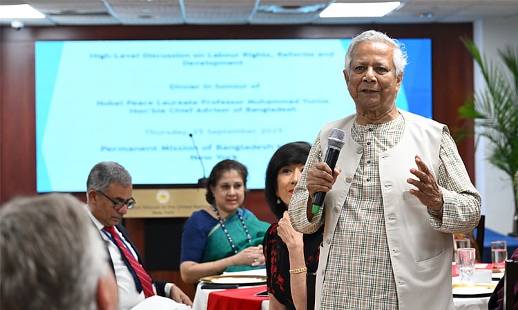 Chief Adviser Yunus joins a High-Level Discussion on Labour Rights in Bangladesh at the Bangladesh Permanent Mission to UN. The event on Thursday in New York was followed by dinner hosted by the Bangladesh Permanent Representative.