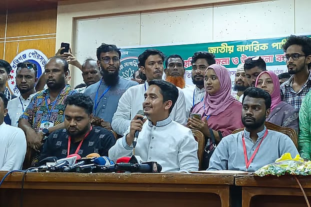 National Citizen Party (NCP) chief organiser Sarjis Alam speaks at a press briefing after the party's coordination meeting in Habinganj