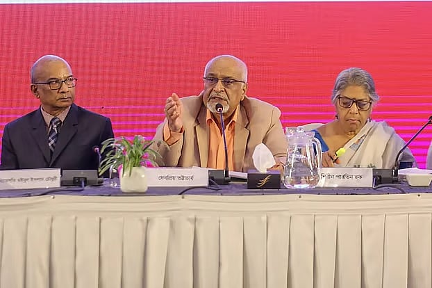 Debapriya Bhattacharya addresses a dialogue on the draft of Human Rights Commission Ordinance 2025 organised by the Citizen's Platform for SDGs in Dhaka on Saturday.