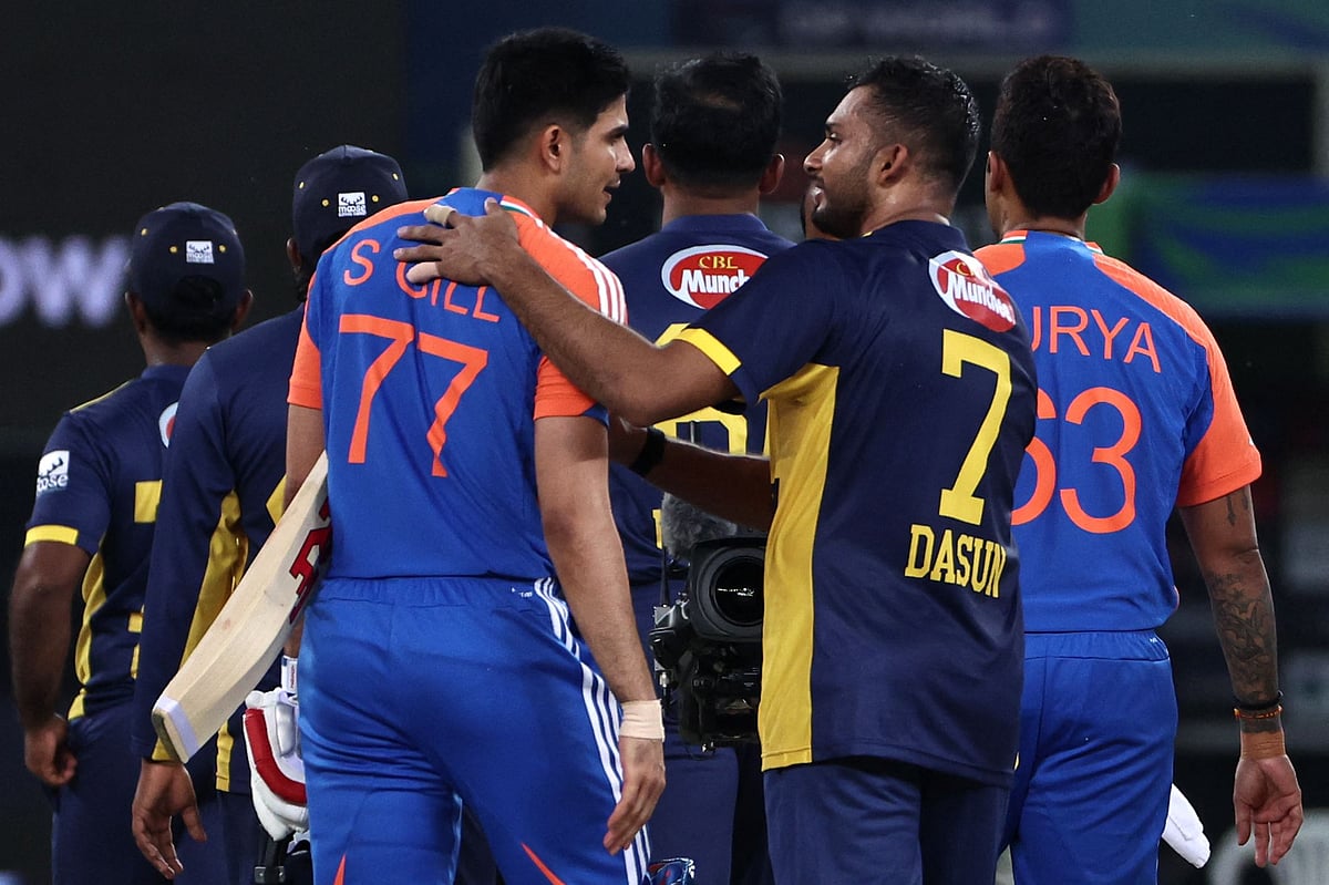 Sri Lanka's Dasun Shanaka congratulates India's Shubman Gill after the Super Over at the end of the Asia Cup 2025 Super Four Twenty20 international cricket match between India and Sri Lanka at the Dubai International Stadium in Dubai on 26 September 2025.