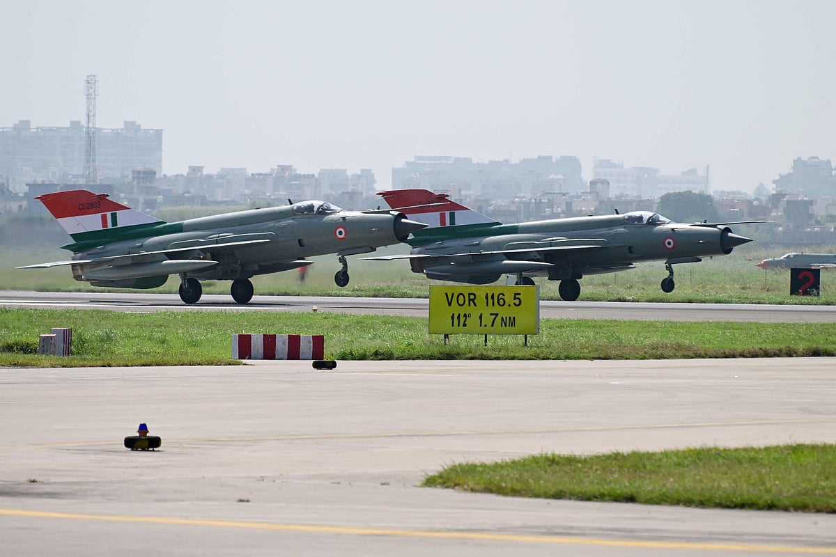 India's MiG-21 fighter jets prepare to take off for the last flypast during their farewell ceremony at the Chandigarh Air Force Station in Chandigarh on 26 September 2025.