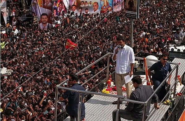 Vijay is delivering a speech at a campaign rally yesterday