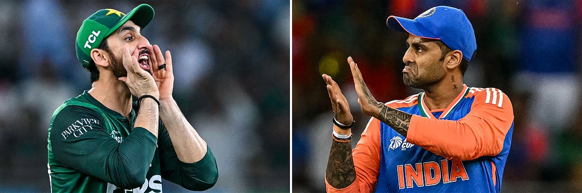 This combination of pictures created on September 27, 2025, shows Pakistan's captain Salman Agha shouts an instruction during the Asia Cup 2025 Super Four Twenty20 international cricket match between Bangladesh and Pakistan at the Dubai International Stadium in Dubai on 25 September, 2025 (L) and India's captain Suryakumar Yadav celebrates after the dismissal of Bangladesh's Towhid Hridoy during the Asia Cup 2025 Super Four Twenty20 international cricket match between Bangladesh and India at the Dubai International Stadium in Dubai on 24 September, 2025.