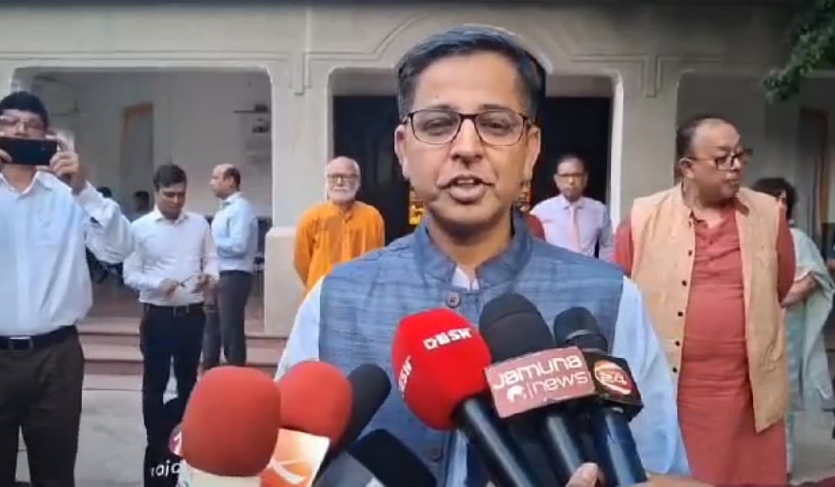 Indian High Commissioner to Bangladesh Pranay Verma talks to the media while visiting philanthropist Ranada Prasad Saha's puja mandap in Tangail on 29 September 2025