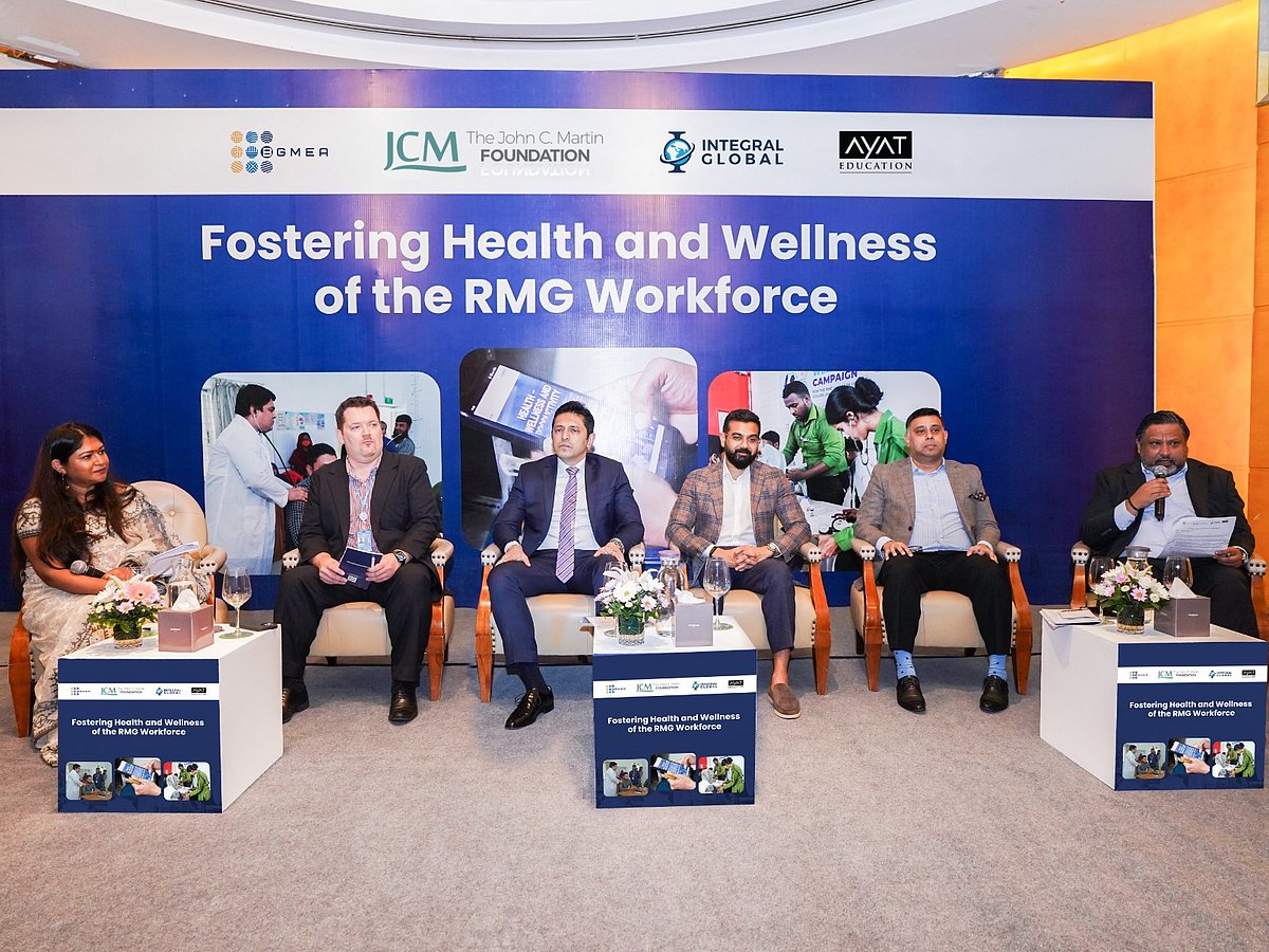 Guests at a dialogue ‘Fostering Health and Wellness of RMG Workforce’ organised by AYAT Education, with Integral Global Consultancy and Bangladesh Garments’ Manufacturers and Exporters Association.