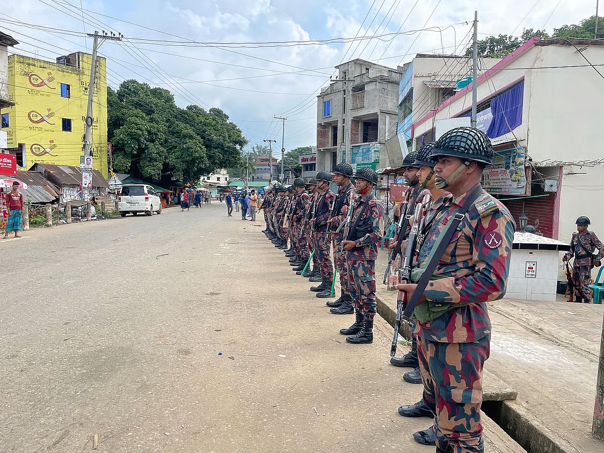 Three people were killed in Guimara, Khagrachhari, during protests over the rape of a teenage girl. BGB personnel have been deployed to control the situation. Photograph taken from Guimara bazar at 8:30 am on 29 September 2025.