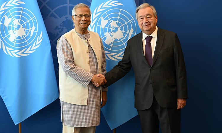 Chief Adviser Professor Muhammad Yunus holds a meeting with UN secretary general António Guterres at UN headquarters in New York on 29 September 2025.