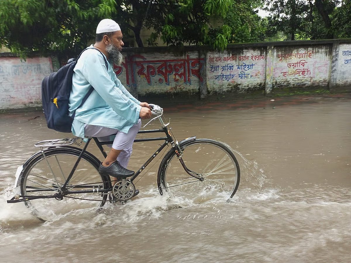 Rainwater on the road in Bijoy Sarani area. This photo is taken at around 6:45 am on 1 October 2025