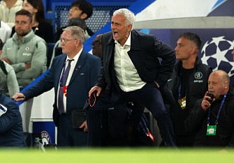 Benfica's Portuguese head coach Jose Mourinho reacts during the UEFA Champions League, league phase football match between Chelsea and Benfica at Stamford Bridge in London on 30 September 2025.