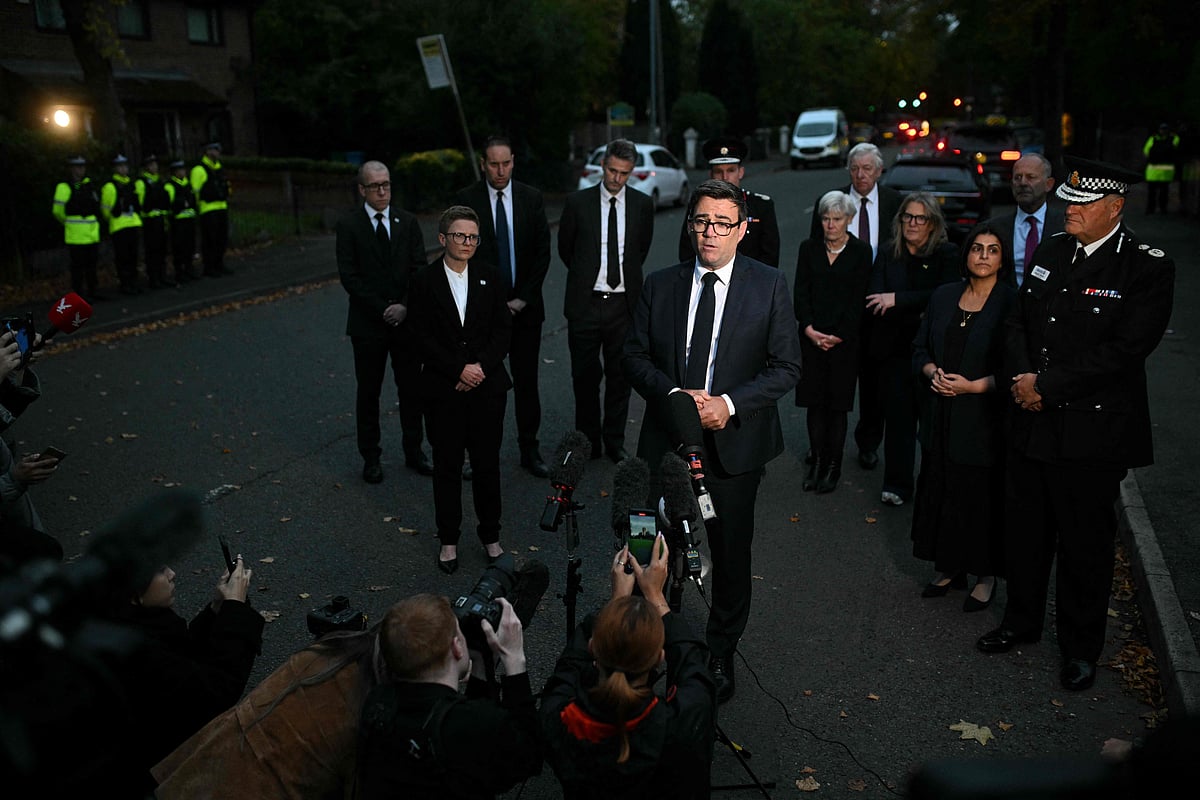 Mayor of Greater Manchester, Andy Burnham speaks to members of the media near to Heaton Park Hebrew Congregation synagogue in Crumpsall, north Manchester, on October 2, 2025, following an attack at the synagogue.