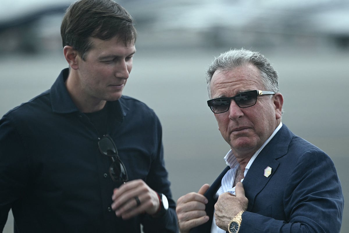 US special envoy to the Middle East Steve Witkoff (R) and Jared Kushner await the arrival of President Donald Trump and First Lady Melania Trump at Teterboro Airport in Teterboro, New Jersey, on 13 July 2025. President Donald Trump's son-in-law Jared Kushner and Witkoff, a senior US envoy, are heading to Egypt on 4 October 2025, to finalize hostage release details, a White House official said, after Hamas reacted positively to a peace plan to end two years of war.