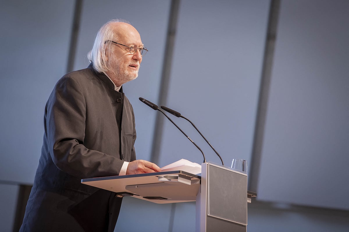 Hungarian writer Laszlo Krasznahorkai gives a speech during the award ceremony as receiver of the "Austrian State Prize for European Literature" on 26 July, 2021, in Salzburg, Austria.