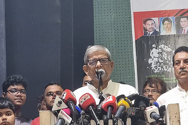 BNP secretary general Mirza Fakhrul Islam Alamgir speaks at an event organised to commemorate the 35th death anniversary of Shaheed Nazir Uddin Ahmed who was martyred during the mass uprising against autocracy