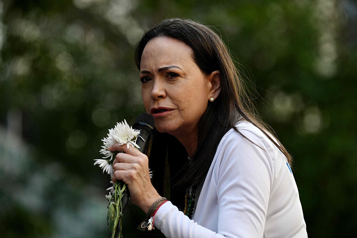 Venezuelan opposition leader Maria Corina Machado gives a speech during a protest called by the opposition on the eve of the presidential inauguration, in Caracas on 9 January 2025.