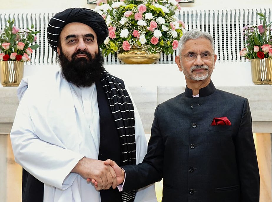 External Affairs Minister S. Jaishankar exchanges a handshake with Afghanistan’s Foreign Minister Mawlawi Amir Khan Muttaqi during a bilateral meeting in New Delhi on 10 October 2025