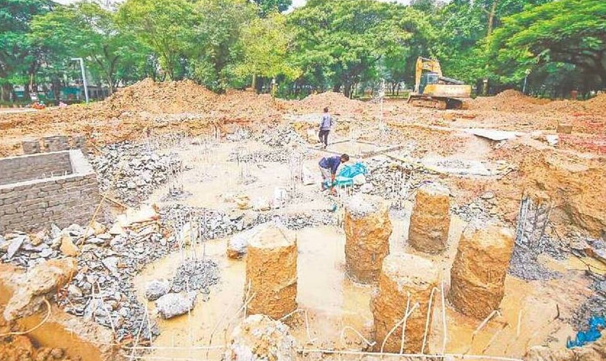 Piling work has been carried out by destroying greenery for the construction of a monument. Now, excavation and other structural work are underway. The photo was taken from Osmani Udyan in Dhaka on 10 October 2025.