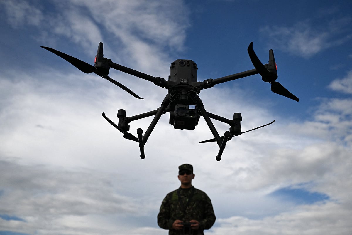 A Colombian soldier operates a drone during the activation of the first unmanned aircraft battalion at the military base in Tolemaida, Colombia on 10 October 2025