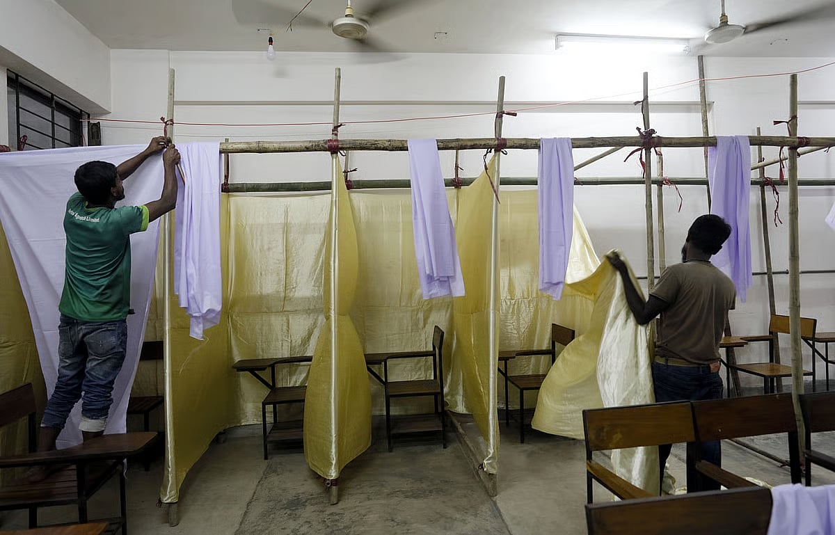 Booths are being prepared for the CUCSU election. The photo was taken from the IT building of Chittagong University around 4:30 pm on 14 October 2025