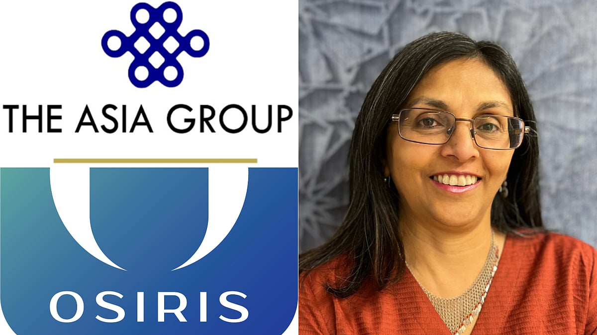 Photo shows logos The Asia Group and Osiris Group, and Nisha Biswal