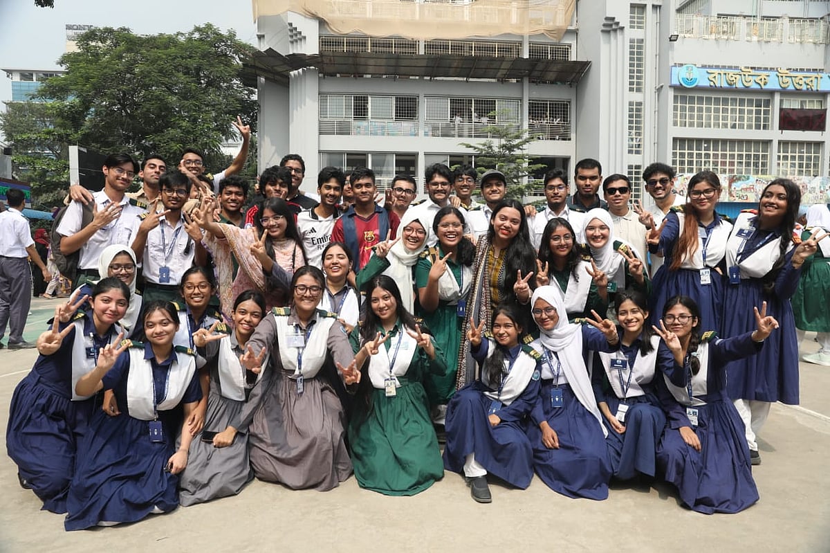 Students celebrate Higher Secondary Certificate (HSC) results with excitement at Rajuk Uttara Model College in Dhaka on 16 October 2025.