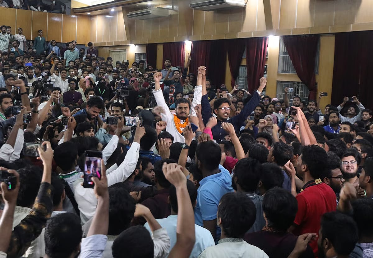 After the results were announced, the newly elected CUCSU Vice President Md Ibrahim Hossain (in white panjabi) and General Secretary Saeed Bin Habib at Faculty of Business Administration Building, on 16 October, 2025.