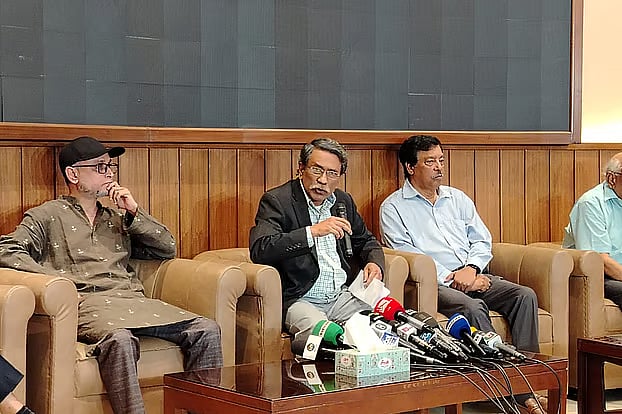 Professor Ali Riaz, Vice-Chair of the National Consensus Commission, speaks at a press conference organised to discuss preparations for the signing ceremony of the ‘July National Charter 2025’. The event took place on Thursday evening at the LD Hall of the National Parliament building.