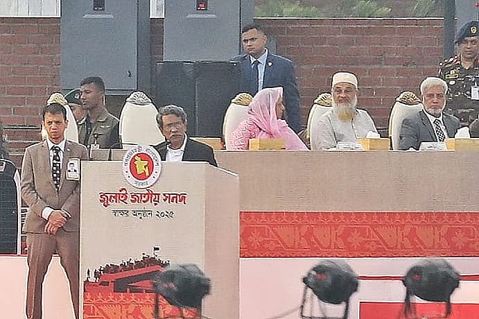 Professor Ali Riaz, Vice President of National Consensus Commission, speaks at the signing ceremony of the July National Charter 2025 at the South Plaza of the Parliament Complex on 17 October 2025.