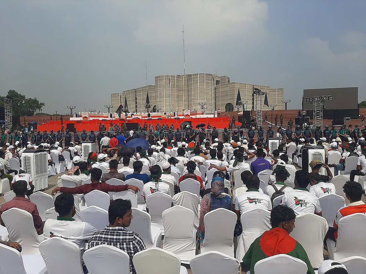 The July martyrs’ families and the injured have taken position on the chairs arranged for guests in front of the stage at the venue of the July Charter signing ceremony at the South Plaza of the Jatiya Sangsad Bhaban.
