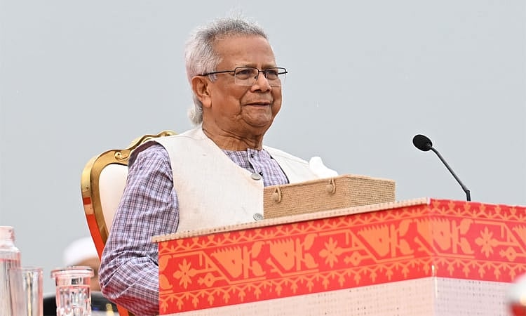 Chief adviser professor Muhammad Yunus speaks as the chief guest at the signing ceremony of the July National Charter-2025 at the South Plaza of the Jatiya Sangsad Bhaban on 17 October 2025