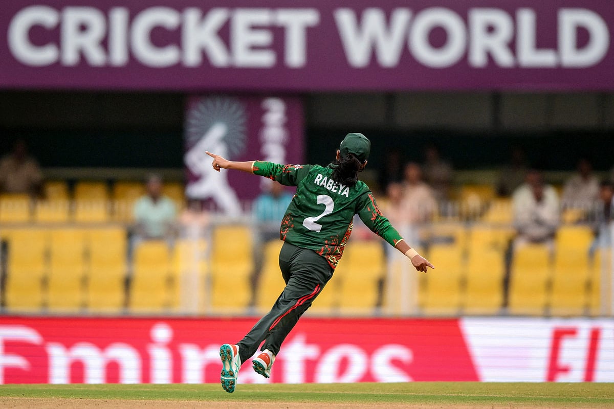 Bangladesh's Rabeya Khan celebrates after taking the wicket of New Zealand's Amelia Kerr during the ICC Women's Cricket World Cup 2025 one-day international (ODI) match between Bangladesh and New Zealand at the Barsapara Cricket Stadium in Guwahati on 10 October, 2025.