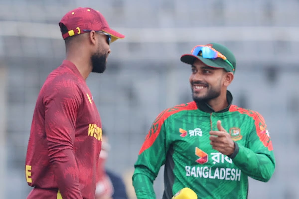 Bangladesh captain Mehidy Hasan Miraz and West Indies captain Shai Hope during the toss of the their first game of a three-match One-Day International series at the Shere Bangla National Stadium in Mirpur, Dhaka on 18 October 2025.