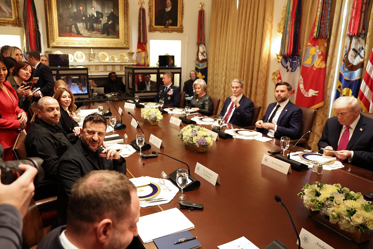 US President Donald Trump meets with Ukrainian President Volodymyr Zelensky (L) in the Cabinet Room of the White House in Washington, DC, on 17 October 2025.
