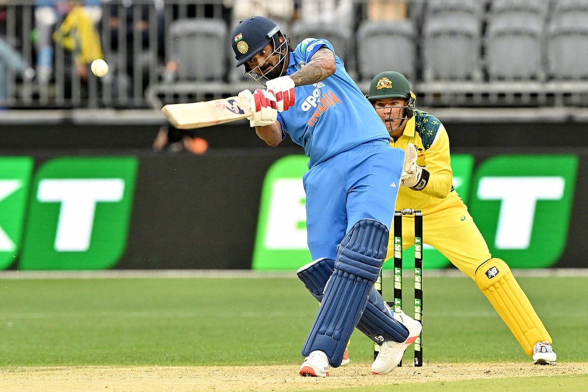 India’s KL Rahul hits a six during the first one-day international cricket match between Australia and India in Perth on  19 October, 2025