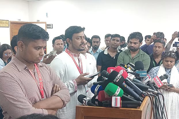 NCP chief coordinator Nasiruddin Patwari speaking to newspersons following a meeting with the senior EC secretary in front of his office in the capital's Agargaon on 19 October, 2025