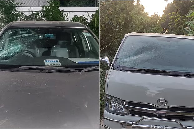 The attackers vandalised two vehicles at the spot