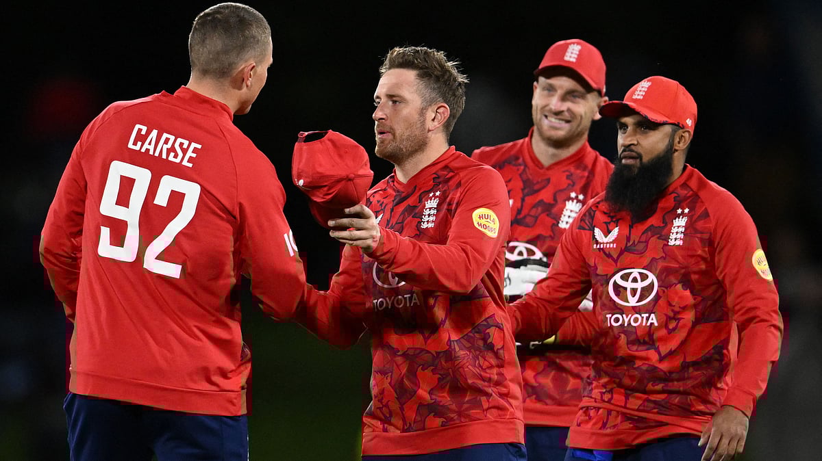 England's players celebrate their win during the second Twenty20 international cricket match between New Zealand and England at Hagley Oval in Christchurch on 20 October, 2025