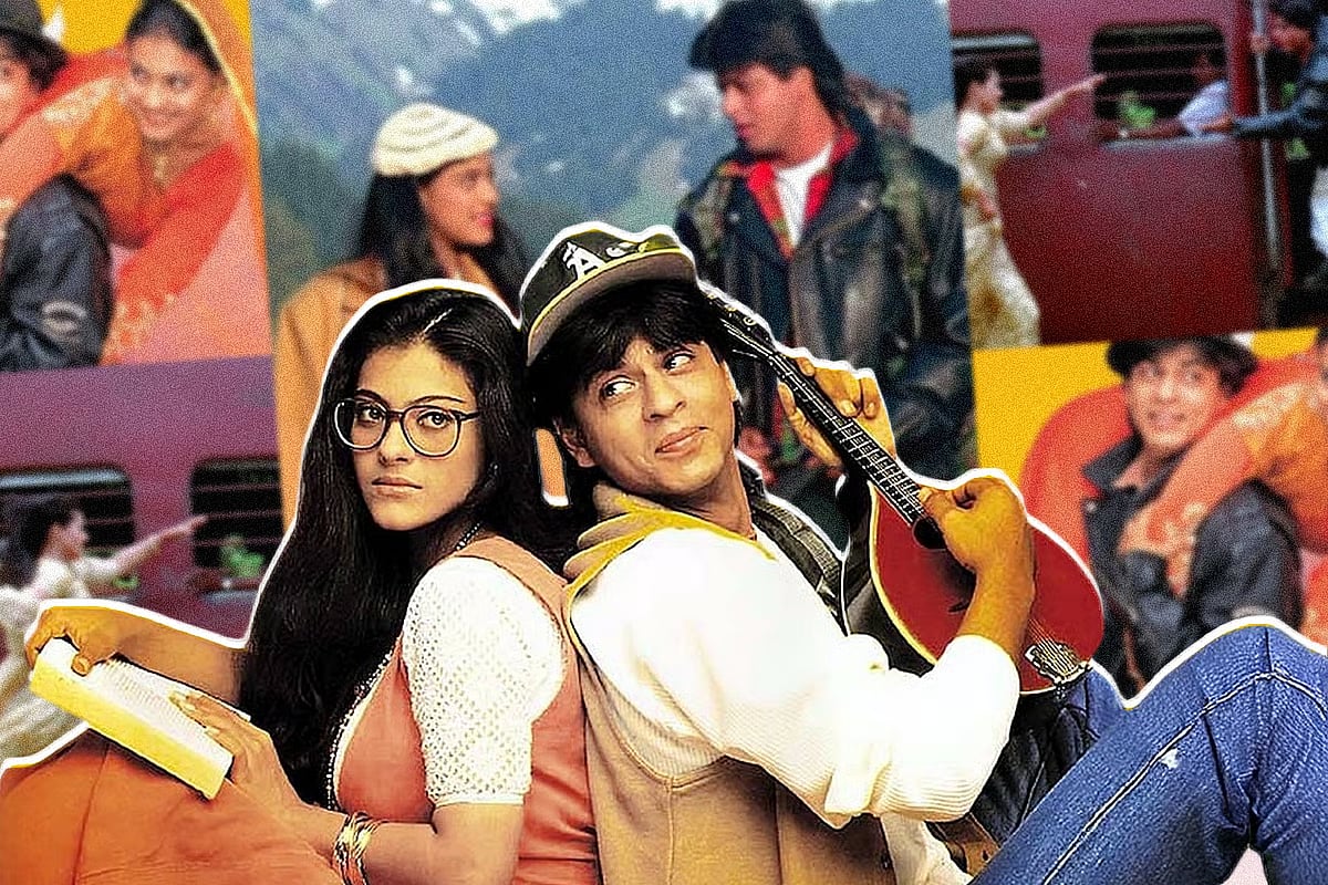 A collage of iconic scenes from the film 'Dilwale Dulhania Le Jayenge'.