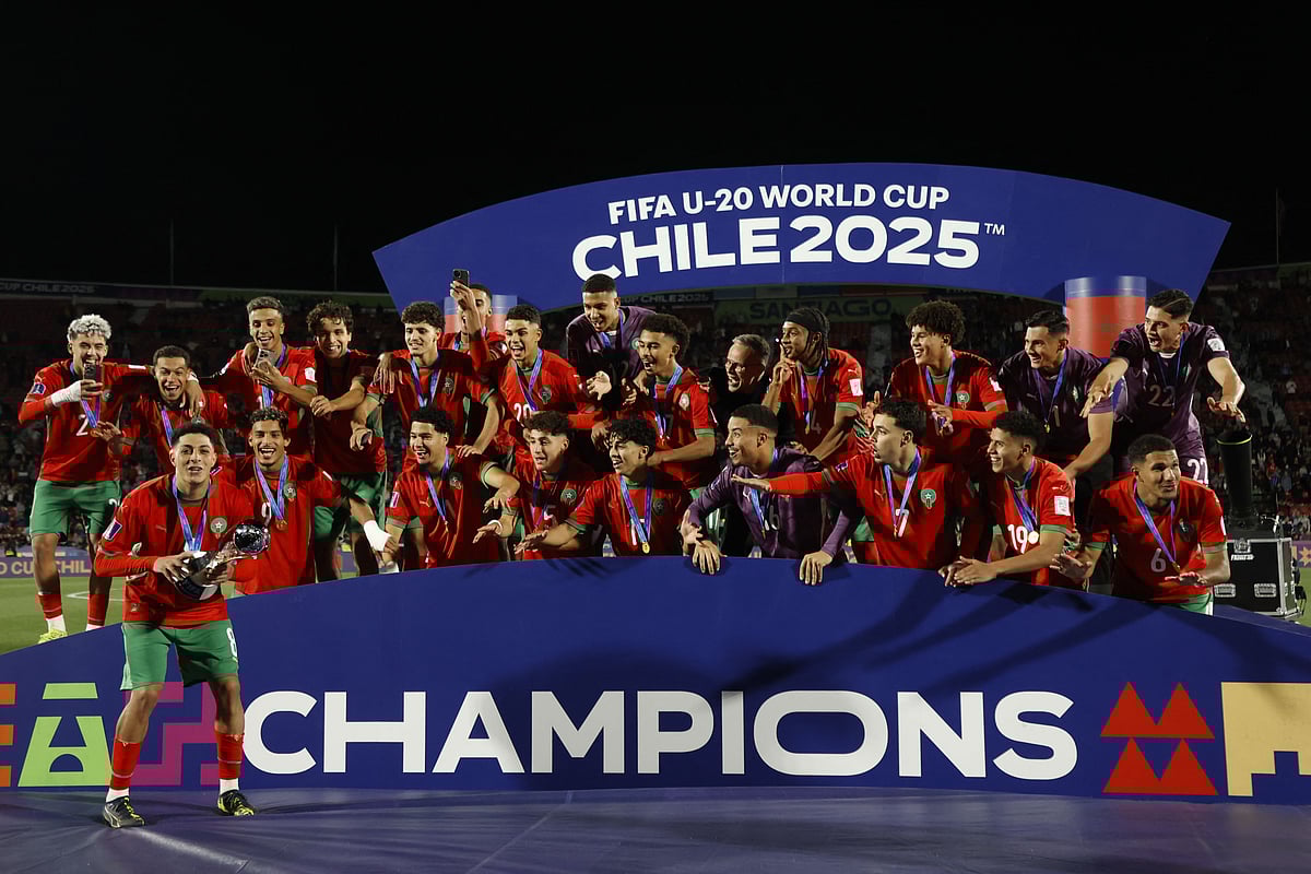 Morocco celebrate after winning the 2025 FIFA U-20 World Cup final football match between Argentina and Morocco at the National Stadium in Santiago, Chile, on October 19, 2025.