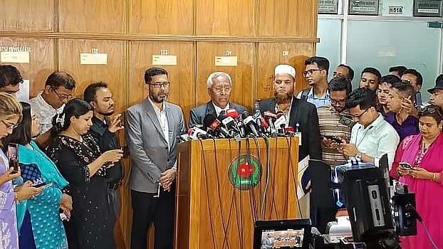 EC secretary Akhter Ahmed speaks to newspersons following a meeting with the law enforcement agencies at the election building in the capital's Agargaon on 20 October, 2025