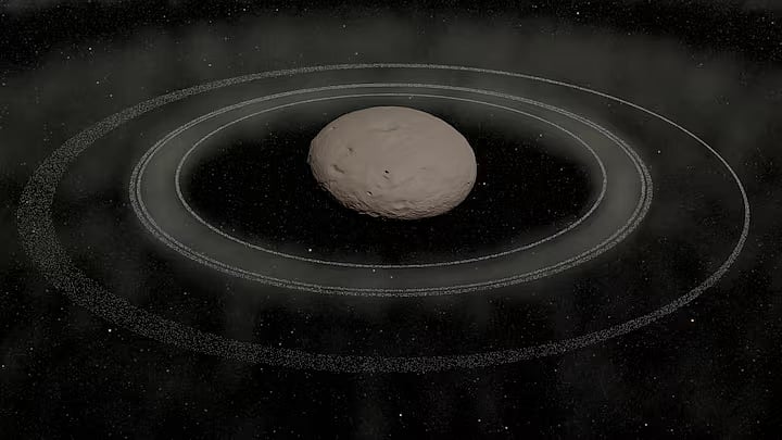 This illustration shows a reconstruction of the centaur object (2060) Chiron, which orbits the sun between the orbits of Saturn and Uranus, and its ring system, in this handout image released on 14 October, 2025.