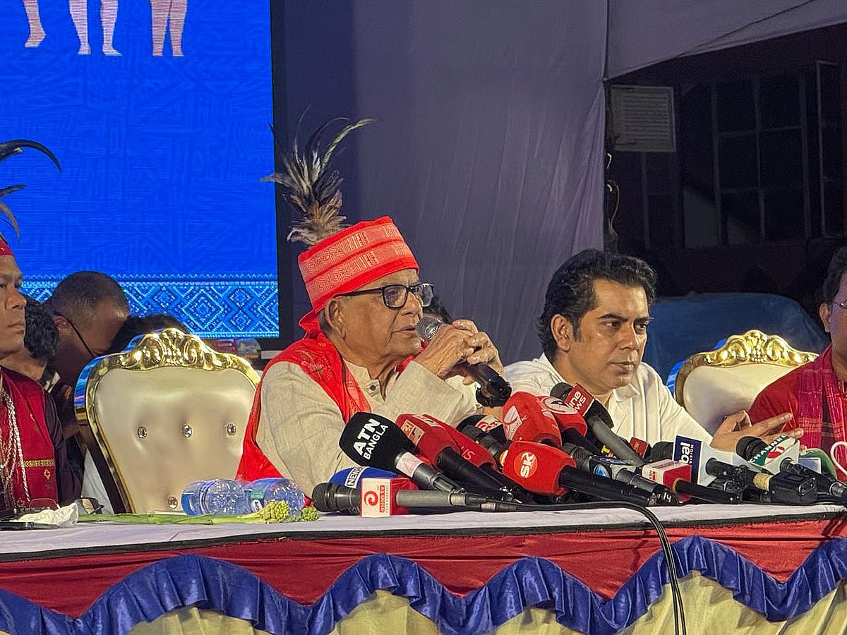 BNP secretary general Mirza Fakhrul Islam Alamgir addresses the Wangala Festival, the main cultural celebration of the Garo community, as the chief guest at the Banani Bidyaniketan School and College grounds in Dhaka on 24 October 2025
