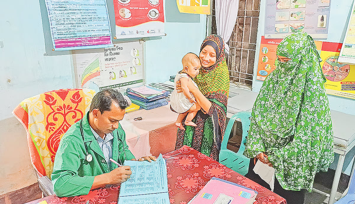A woman smiles after receiving healthcare services at a community clinic in Debnagar union of Tetulia upazila, Panchagarh district.