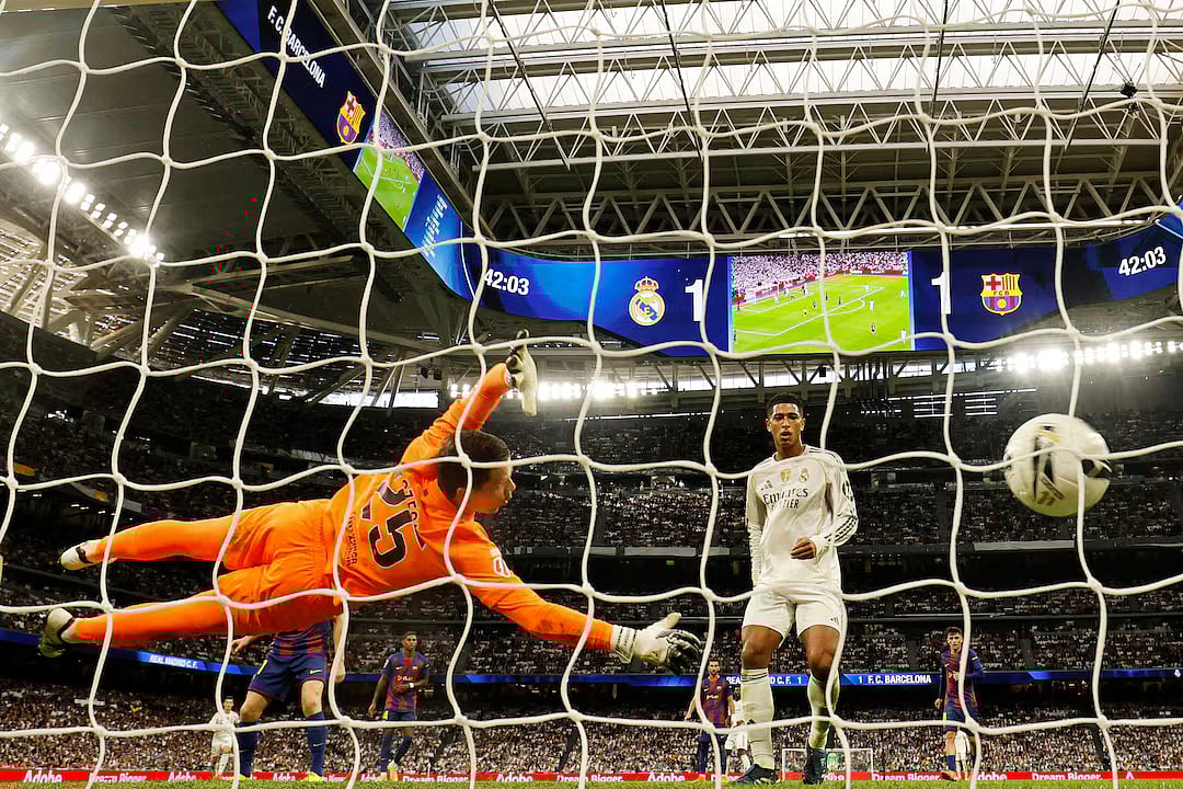 LaLiga - Real Madrid v FC Barcelona - Santiago Bernabeu, Madrid, Spain 26 October, 2025 Real Madrid's Jude Bellingham scores their second goal.